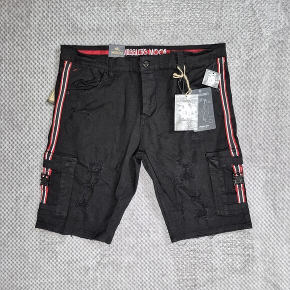 Smugglers Moon Cargo Shorts Men 42 Black Denim Distressed Stripe Grunge Rock NWT - Picture 1 of 9